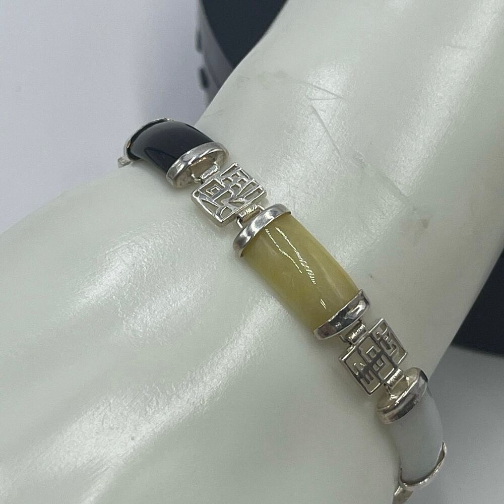 Vintage 1960's Signed Chinese Jadeite Sterling Panel‎ Link Bracelet 7.5" Length